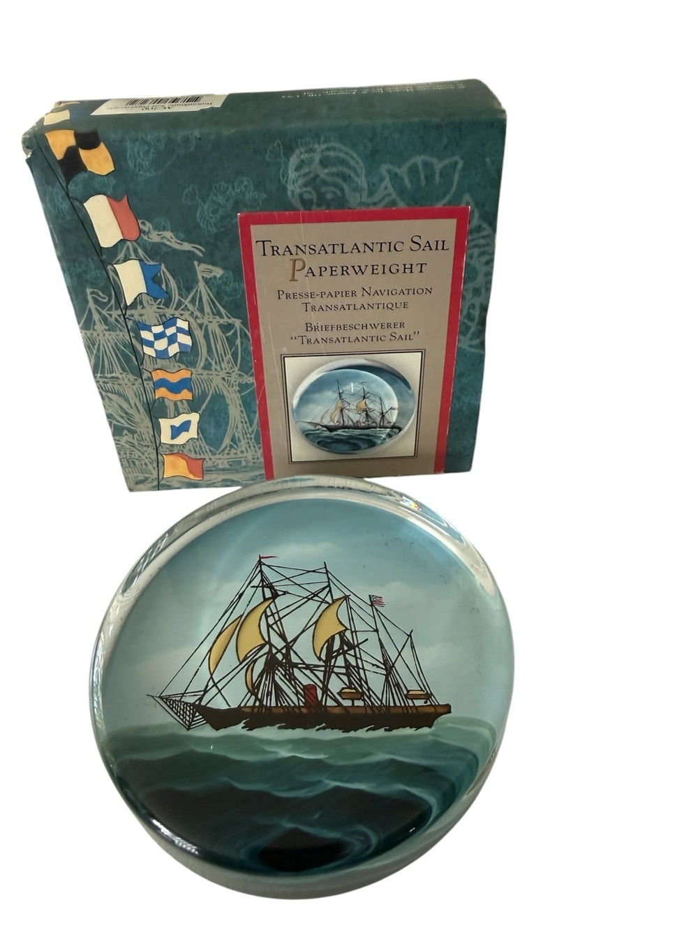 Vintage  Transatlantic Sail Glass Paperweight Reproduction Sailing Ship 3 3/4 in